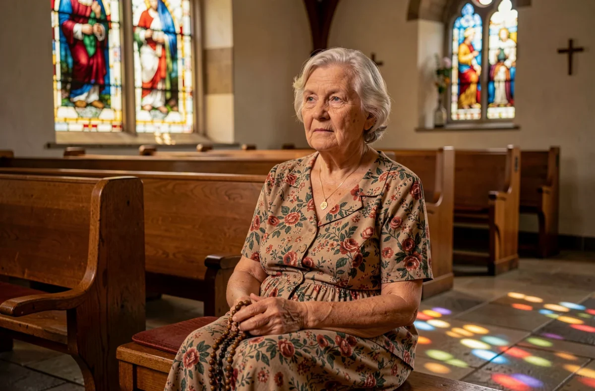 Résidente âgée en recueillement dans la chapelle de l'EHPAD Sainte Marthe en Seine-Saint-Denis