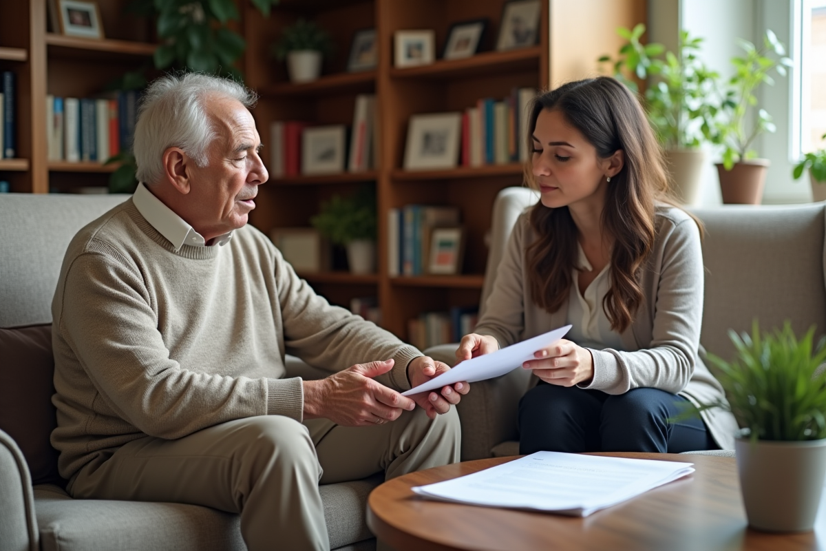 Homme âgé discutant avec une assistante sociale dans un salon chaleureux