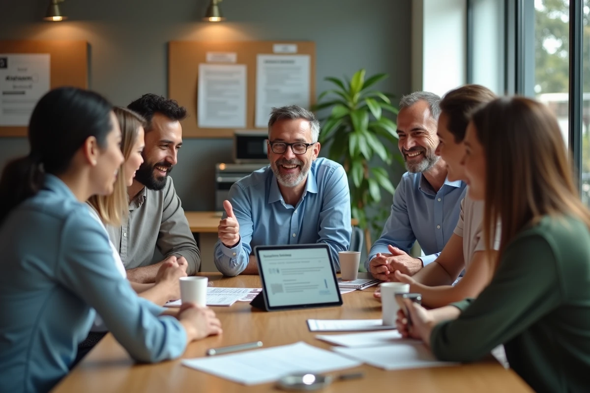 Groupe de salariés discutant autour d