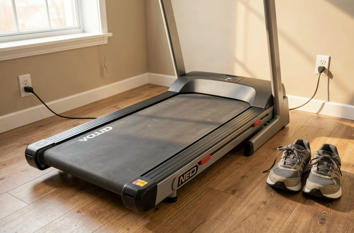 Espace dégagé autour d'un tapis de marche avec chaussures fermées