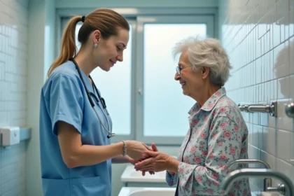 Infirmière gériatrique évaluant les activités de la vie quotidienne d'une patiente âgée lors d'un score ADL en milieu hospitalier