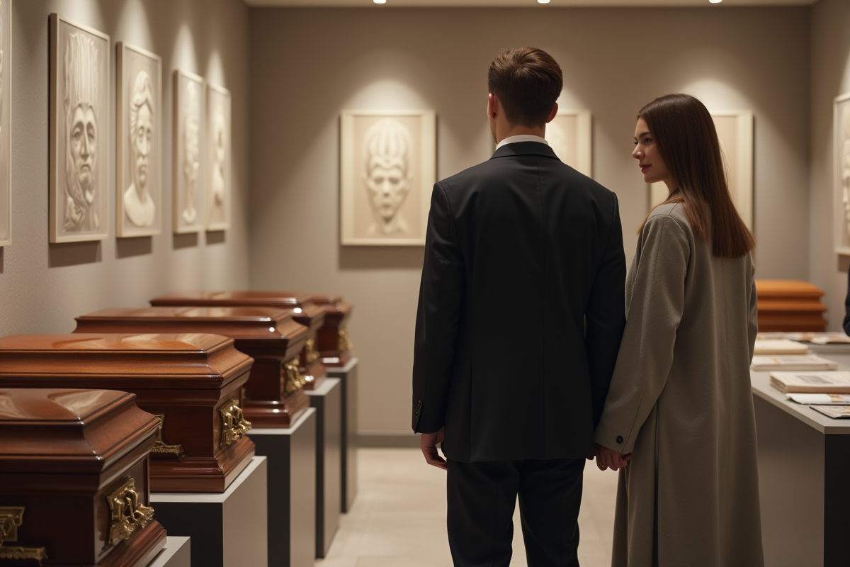 Femme et jeune homme examinent des cercueils dans un crematorium