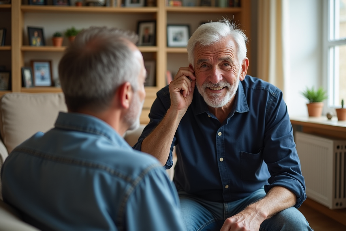 Fils aidant son père âgé à mettre un appareil auditif