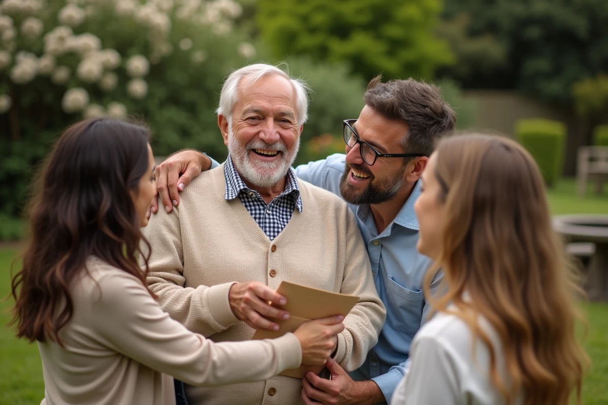 Groupe d amis et famille entourant un homme de soixante-dix ans dans un jardin