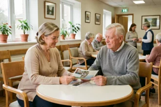 Une fille adulte et son père âgé consultent ensemble une brochure d'EHPAD dans une salle commune chaleureuse