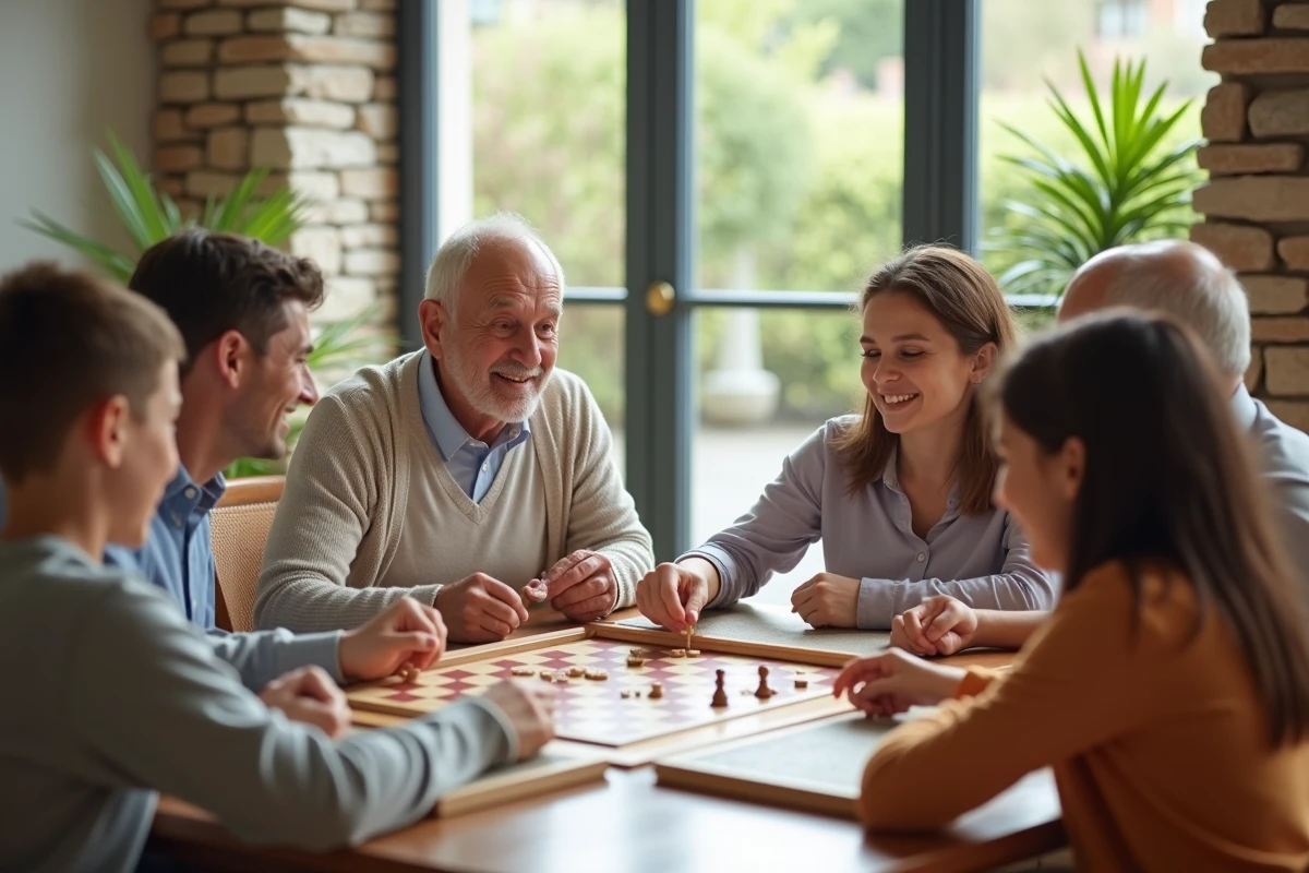 Famille jouant à un jeu de société dans une salle lumineuse