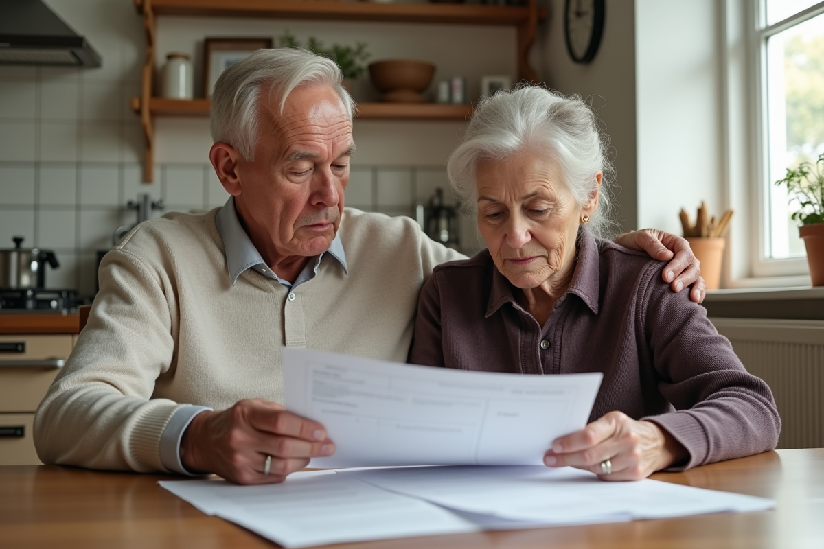 Homme et femme âgés examinant des documents dans la cuisine