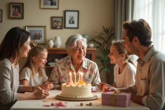 Famille réunie autour d'une femme de 70 ans pour son anniversaire, avec gâteau et cadeaux sur une table décorée
