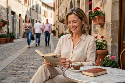 Femme de 50 ans seule à une terrasse de café européenne, lisant un livre avec sérénité lors de vacances solo