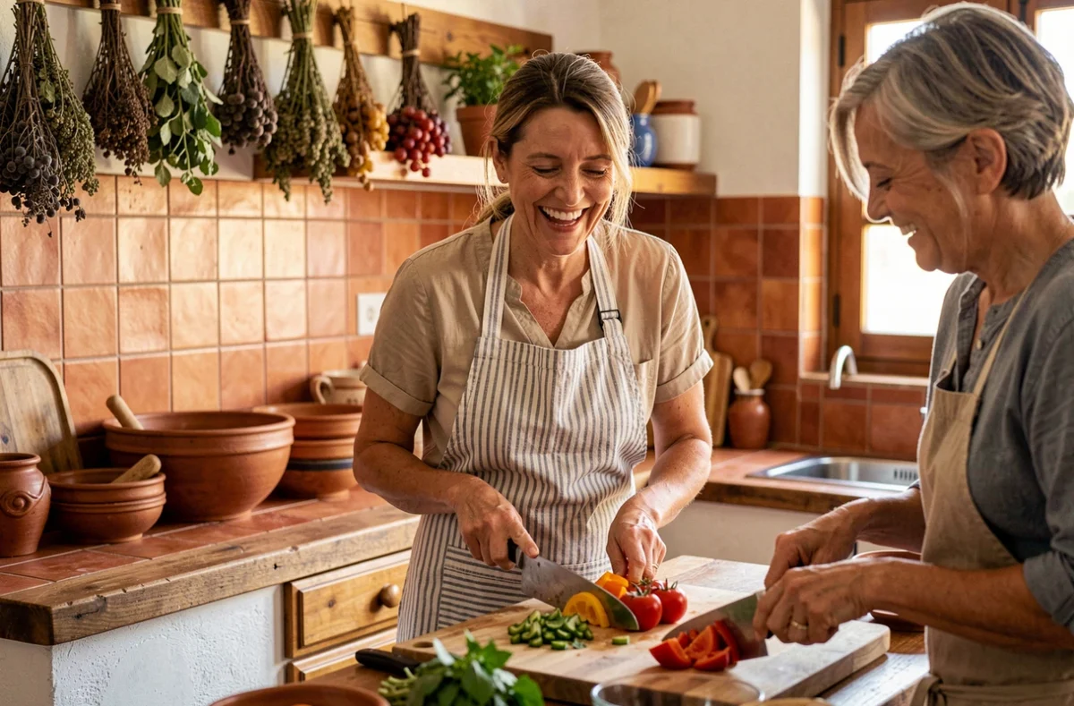 Femme de 55 ans participant à un cours de cuisine en groupe lors de ses vacances solo en Méditerranée