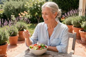 Femme de 65 ans dégustant une salade estivale colorée sur une terrasse ensoleillée