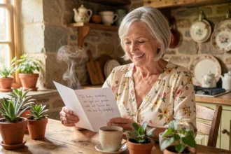 Femme de 70 ans souriante lisant une carte d'anniversaire humoristique et bienveillante dans une cuisine rustique chaleureuse