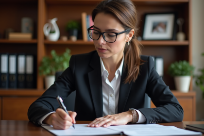 Femme d affaires en bureau à domicile en train de lire un document