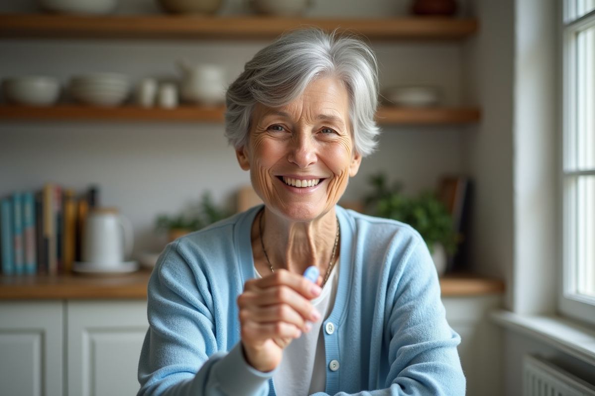 Femme agee souriante tenant un appareil auditif dans la cuisine
