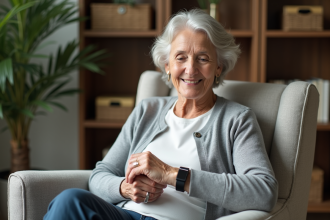 Femme agee checkant son bracelet medical discret et stylé