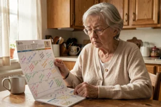 Femme âgée consultant un grand calendrier illustré à la maison pour personnes désorientées