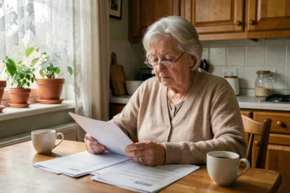 Femme âgée lisant des documents administratifs sur l'APA à la table de sa cuisine