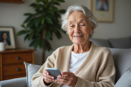 Femme âgée avec dispositif médical dans un salon chaleureux