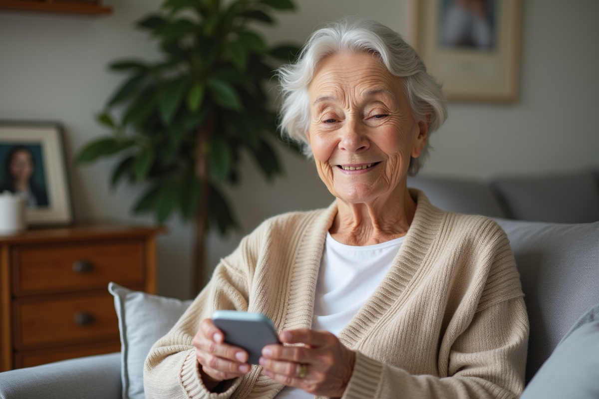 Femme âgée avec dispositif médical dans un salon chaleureux