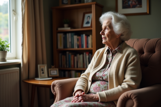 Femme âgée assise pensivement dans son salon chaleureux