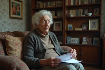 Femme âgée assise pensivement dans un salon modeste