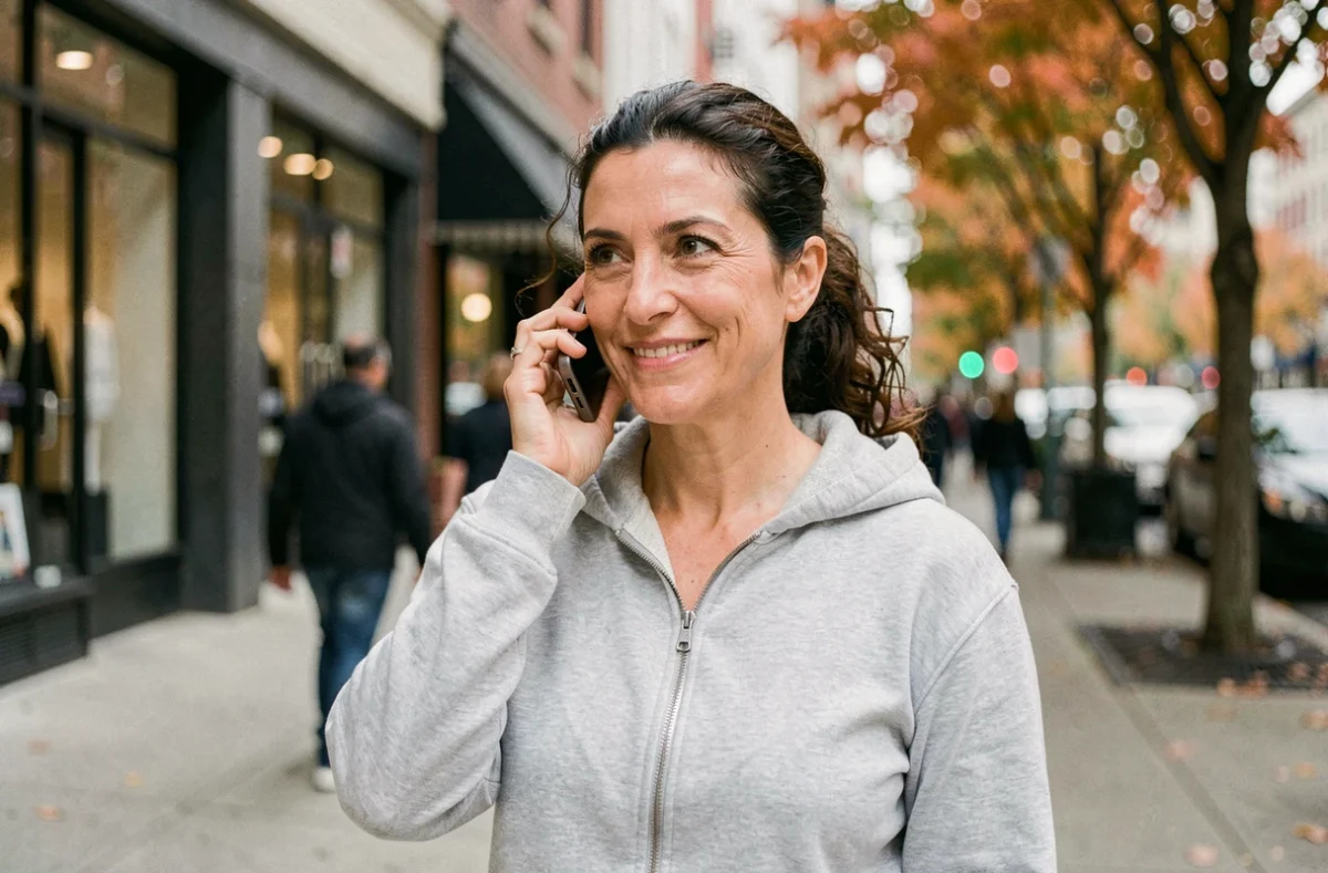 Femme utilisant un téléphone mobile basique en passant un appel dans une rue commerçante