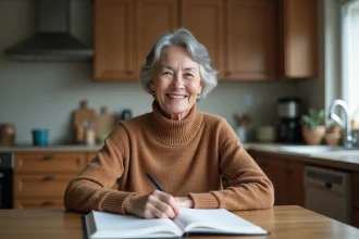 Femme assise à la cuisine en train de prendre des notes