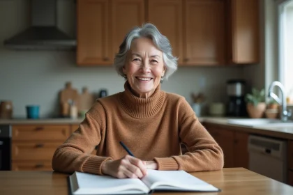 Femme assise à la cuisine en train de prendre des notes