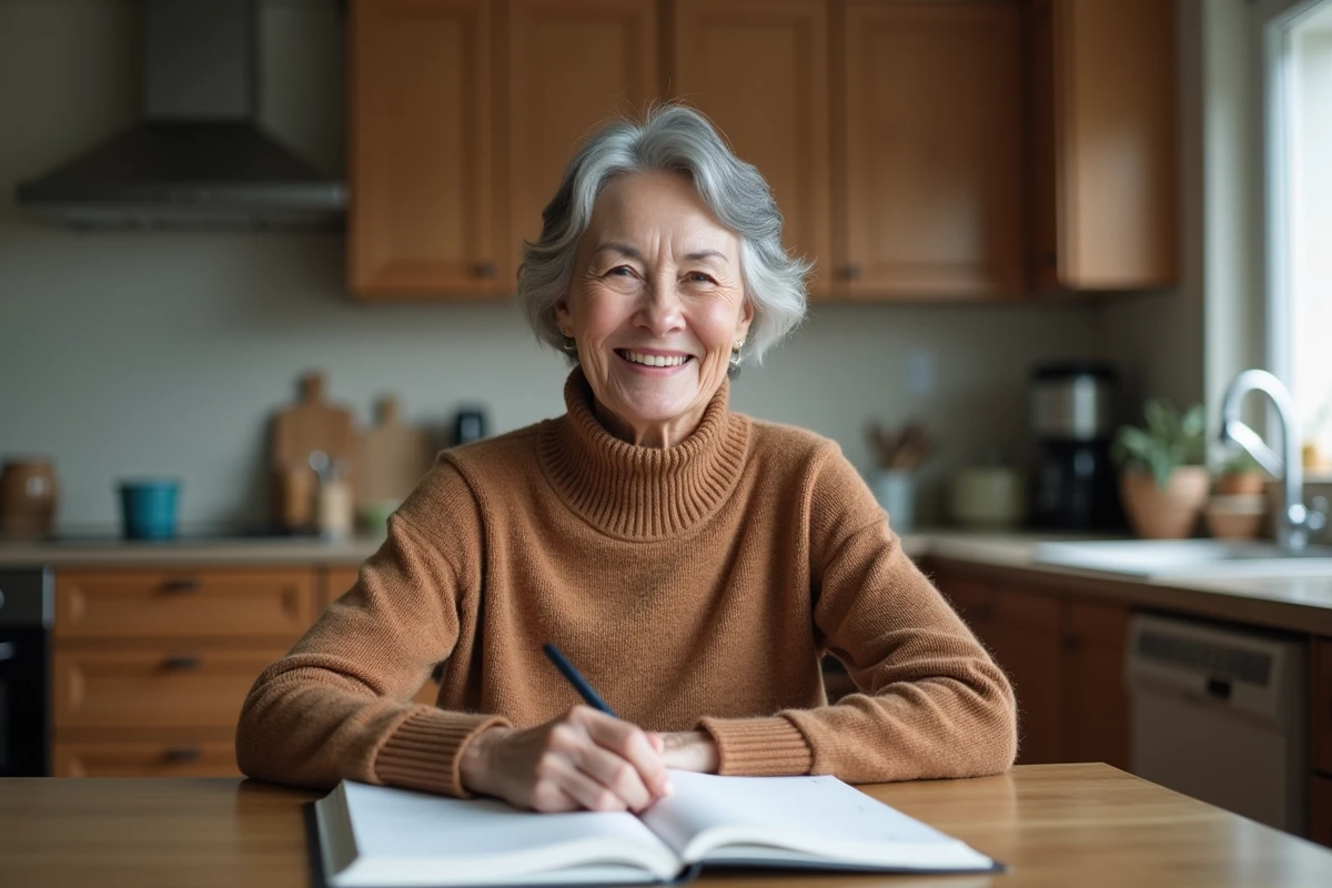 Femme assise à la cuisine en train de prendre des notes
