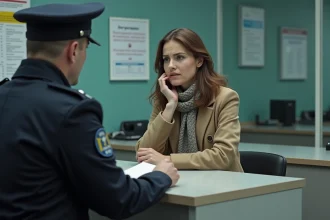 Femme inquiète parlant à un policier dans un commissariat