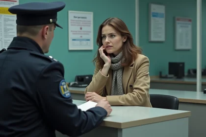 Femme inquiète parlant à un policier dans un commissariat