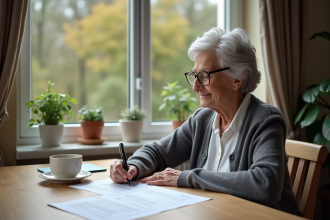 Femme belge de 65 ans souriante remplissant des papiers de pension