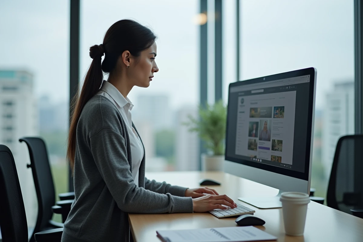Femme en open space créant un compte en ligne sur le site de la Carsat Normandie depuis un poste de travail