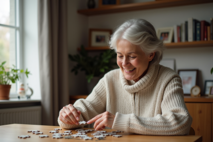 Femme d'âge moyen posant un morceau de puzzle à la maison