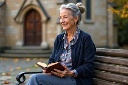 Femme catholique de 65 à 70 ans souriante devant une église en pierre en automne, tenant un livre de prières