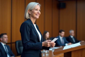 Femme souriante en costume navy lors d'une conférence