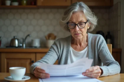 Femme d'âge mûr consultant des documents administratifs liés à une décision GIR à son domicile