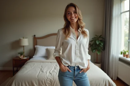 Femme décontractée en jeans dans une chambre moderne