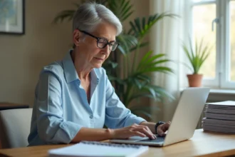 Femme de 50 ans créant son espace personnel Carsat Normandie sur un ordinateur portable dans un bureau à domicile