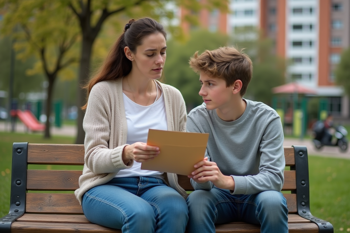 Femme et adolescent discutant sur un banc dans un parc