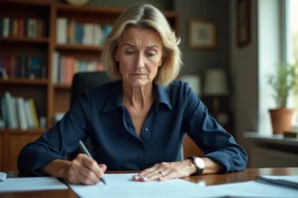Femme consultant des documents administratifs liés à un refus de versement de l'aide décès de la CPAM