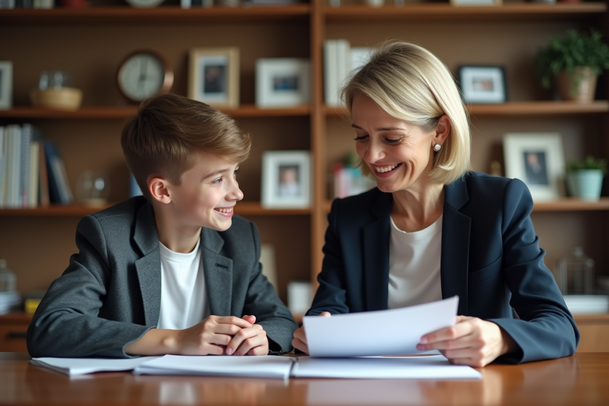 Femme éducatrice aidant un adolescent à lire dans un bureau