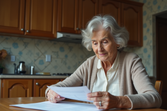 Femme âgée examine des documents dans sa cuisine chaleureuse