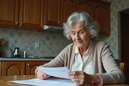Femme âgée examine des documents dans sa cuisine chaleureuse