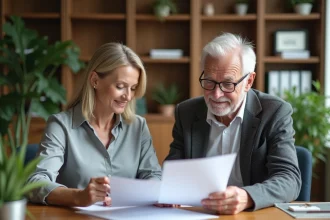 Femme d'âge moyen et homme âgé examinent des documents financiers