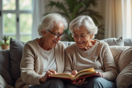 Femme âgée et fille partageant un album dans un salon chaleureux