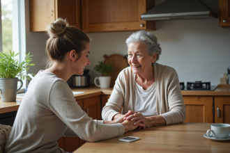 Femme âgée avec sa fille mains sur la table