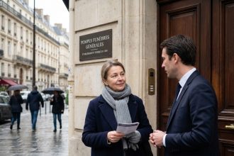 Femme d'âge moyen devant une maison funéraire parisienne