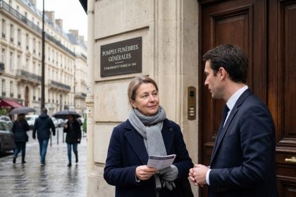 Femme d'âge moyen devant une maison funéraire parisienne