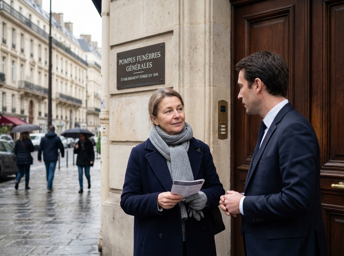 Femme d'âge moyen devant une maison funéraire parisienne